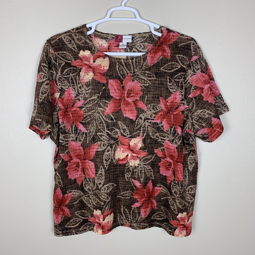 JM Collection Short Sleeve Blouse Size 3X Floral Stretch Knit Work Casual Fall